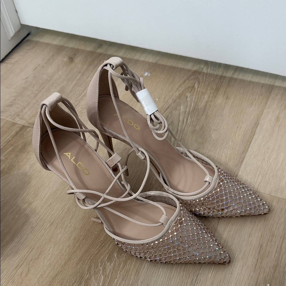 ALDO Blush Nude Pointed Toe Lace-Up Heels with Crystal Mesh